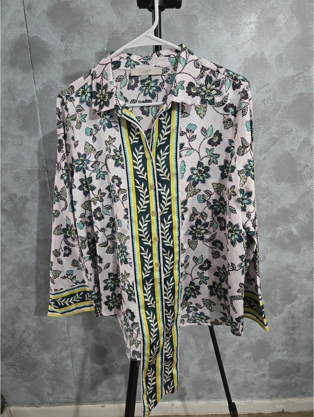 LOFT Pink Floral Button-Front Blouse with Green and Yellow Placket